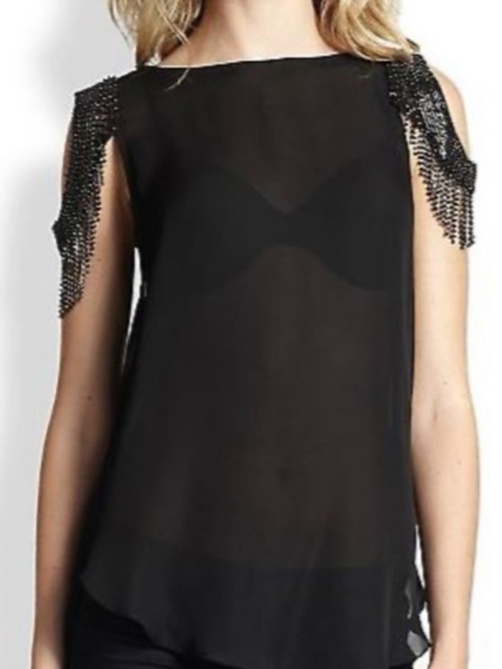 Haute Hippie Black Silk Cold Shoulder Beaded Waterfall Sleeve Blouse Size Small